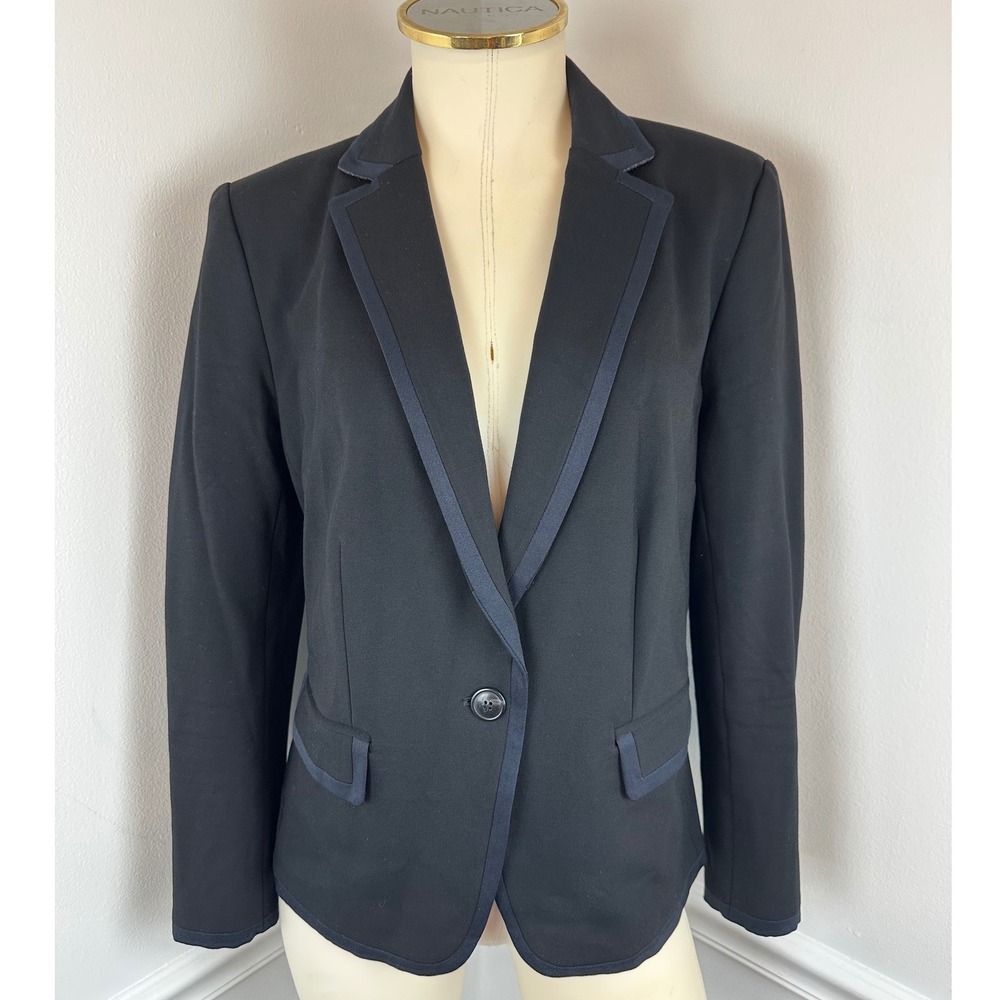 ANN TAYLOR Tall Black One-Button Blazer Navy Ribbon Trim | 10Tall